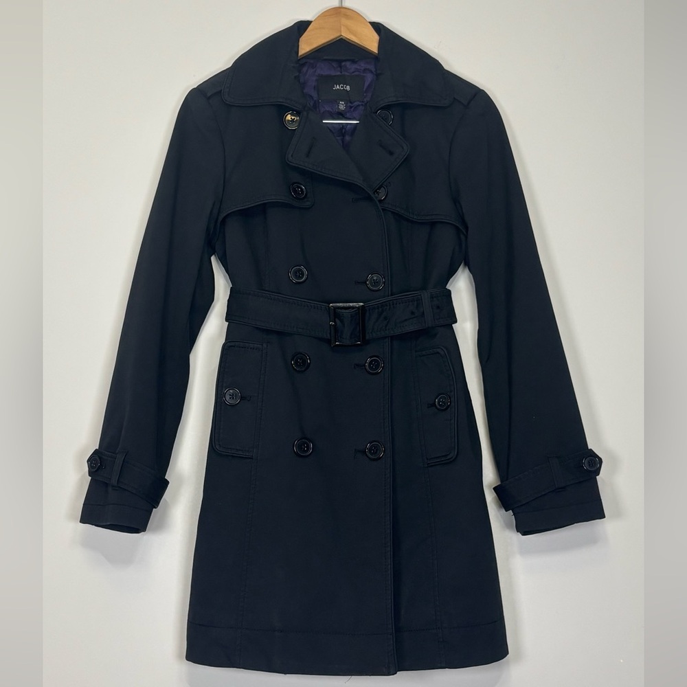 Jacob Black Double Breasted Trench Coat Quilted‎ Heart Lining Size Small